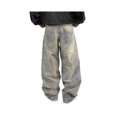 Imagem de Calças Jeans Baggy Y2K Masculinas Com Bordado E Corte Cru, Cintura Alt