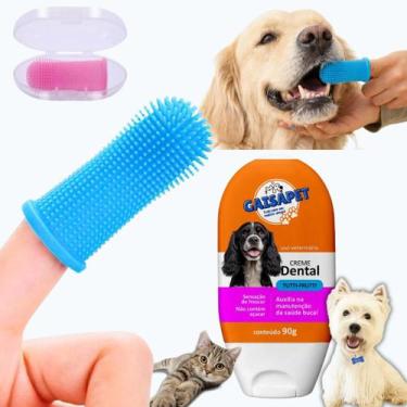 Imagem de Kit Creme Dental Pet Dedeira de Silicone 360 Escova Dente Cachorro Gat