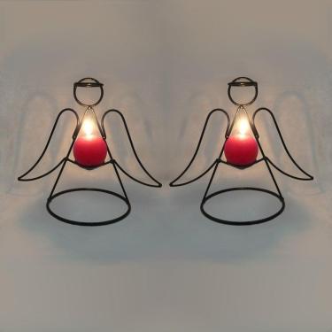 Imagem de Par Anjos Decorativo Castiçal Vermelha Decoração Natal Ceia