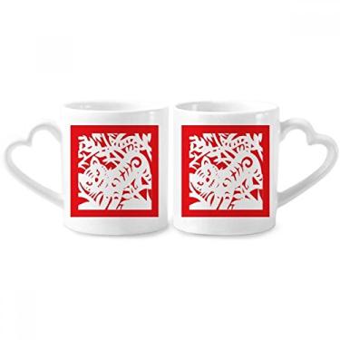 Imagem de Conjunto de canecas de porcelana para casal, com estampa de tigre e animais de tigre chinesa, com alça de coração