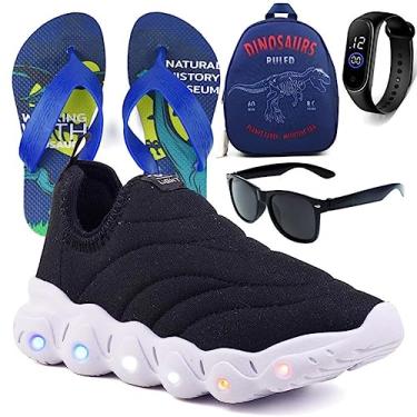 Imagem de Tenis Infantil De Led Calce Facil Elastico Meninos Masculino + Mochila Chinelo Oculos Relogio Cor:Branco;Tamanho:25