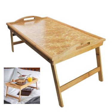 Imagem de Bandeja Alça Bambu Cafe da Manha na Cama Servir Almoço Jantar Lanche Pe Dobravel Retratil Pratico Resistente Espaçoso Ecologico Sofisticado
