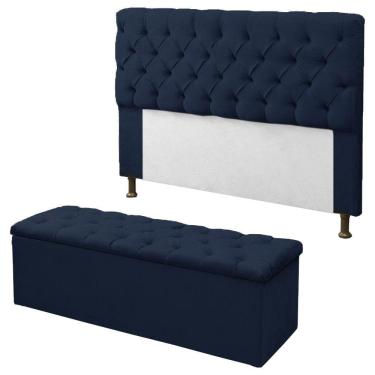 Imagem de Kit Cabeceira + Calçadeira Baú Sofia Casal 140cm Corino Azul Marinho - LM DECOR