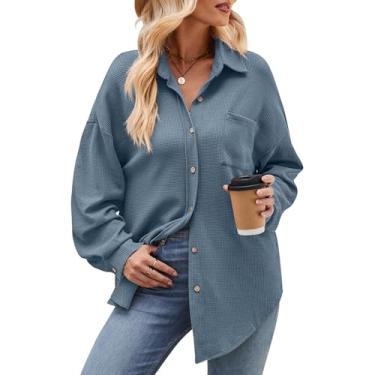 Imagem de VINGVO Camisa feminina longa de botão, manga comprida, bolso frontal, camiseta feminina longa para a vida diária, Azul, G