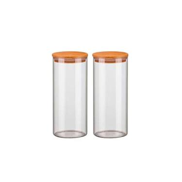 Imagem de Kit 2 Potes de Vidro Hermético 1500ml Com Tampa de Madeira Bambu Porta Condimentos Linha Luxo