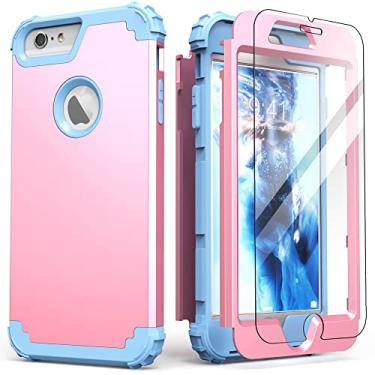 Imagem de IDweel Capa para iPhone 6S Plus com protetor de tela (vidro temperado), capa para iPhone 6 Plus, 3 em 1, à prova de choque, fina, híbrida, resistente, capa de policarbonato de silicone macio, capa de corpo inteiro, rosa/azul claro