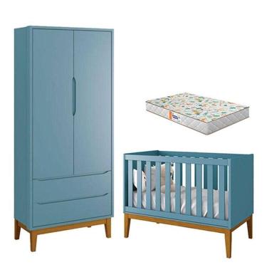 Imagem de Berço Americano E Guarda Roupa 2 Portas New Classic Azul Com Pés Madeira E Colchão Gazin - Reller