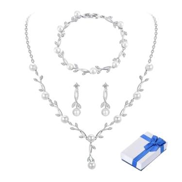 Imagem de Juicfru Conjunto de joias de prata de casamento para mulheres, colar de zircônia cúbica, brincos e pulseiras, para noiva e casamento, bijuteria para dama de honra, Metal, Zircônia cúbica
