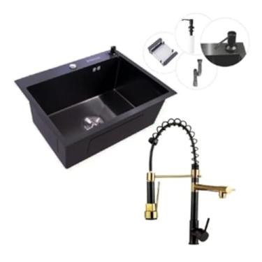 Imagem de Cuba Inox Gourmet Pia 60x45 Completa Com Acessórios Bancada Cozinha Gourmet Preta + Torneira 2 Saídas Monocomando Misturador Preta E Dourada Aço Inox Brinovar