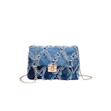 Imagem de QWINEE Bolsa tiracolo feminina jeans envelhecida com trava torcida acolchoada mini bolsa jeans com alça de corrente, Azul, One Size