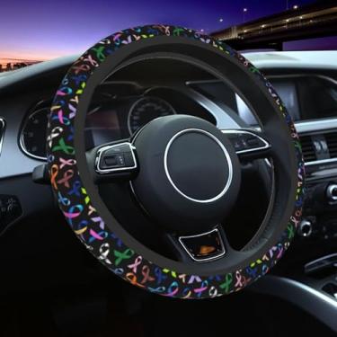 Imagem de Fitas multicoloridas de conscientização do câncer capa de volante acessórios de carro bonito para mulheres meninas feminino universal 38 cm neoprene decoração interior automática antiderrapante carro caminhão protetor