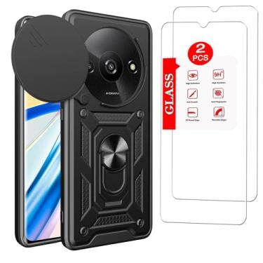 Imagem de Capa para Xiaomi Redmi A3 com [pacote com 2] protetor de tela de vidro temperado, capa para Redmi A3 [grau militar] protetora, com lente protege a capa de celular com suporte magnético com suporte