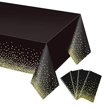 Imagem de Gexolenu Pacote com 4 toalhas de mesa de plástico preto e dourado para mesas retangulares (137 x 274 cm), toalha de mesa de festa para aniversário, toalhas de mesa para formatura, decoração de festa
