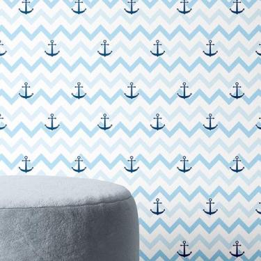 Imagem de Papel de Parede Autocolante Chevron Azul Claro Com Ancora Quarto Sala 