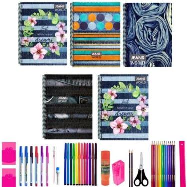 Imagem de Kit 5 Caderno Jeans 96 Folhas Arame Capa Dura Com 40 Itens - Maxima ca