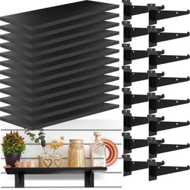 Imagem de Tcevily Pacote com 12 prateleiras de madeira, prateleiras de parede de ripas de 39,9 cm x 15,2 cm com suportes de metal, acessórios organizadores de prateleiras de slatwall resistentes para garagem