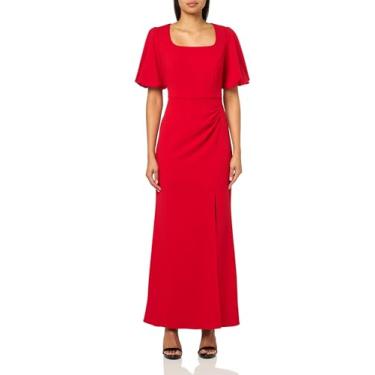 Imagem de Alex Evenings Vestido feminino longo gola quadrada mãe da noiva com manga balão e fenda, vestido formal, Vermelho, 44