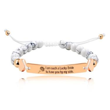 Imagem de Uloveido Pulseira de aço inoxidável ajustável feita à mão com contas turquesa branca, gravada com "I Am Such A Lucky Bride To Have You By My Side", pulseiras de casamento para mães, irmãs, damas de