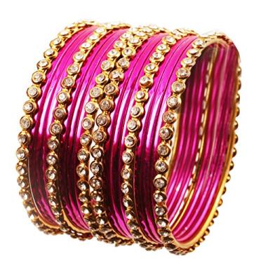 Imagem de Touchstone "Colorido Coleção Indiana de Liga de Bollywood Linha Única Strass Transparente e Texturizado Fúcsia Rosa Cor Bracelete Conjunto de 18 em Tom Ouro Antigo para Mulheres.
