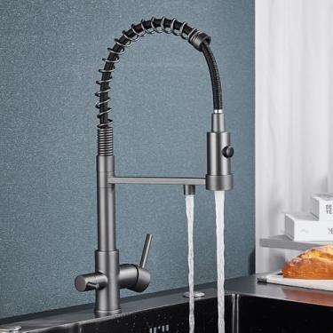 Imagem de Torneira de cozinha para água potável, torneira preta para pia de cozinha, torneira de latão para cozinha com filtro, torneira giratória 360°, misturador de pia, modo duplo, pistola cinza