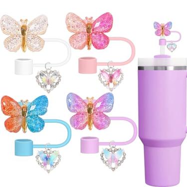 Imagem de Stanley Capas de palha com pingentes, 8 peças de tampa de palha com glitter para copo Stanley, topo de copo brilhante com enfeite de clip-on, acessório de garrafa de água esportiva bonito e funcional