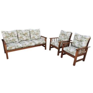 Imagem de Conjunto Cancún Sofá 3 Lugares E Poltronas De Madeira Estofado Floral 