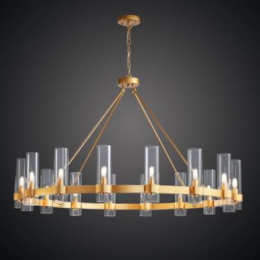 Imagem de LumaVibe Lustre De Roda De Carroça Dourada De 48", Luminária Pendente Redonda De Fazenda De 16 Luzes Com Cúpula De Vidro, Lustres Grandes De Teto Alto Pendurados Para Sala De Jantar, Cozinha, Hall D