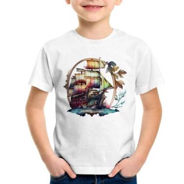 Imagem de Camiseta Infantil Navio e Flores - Foca na Moda, Branco, 8