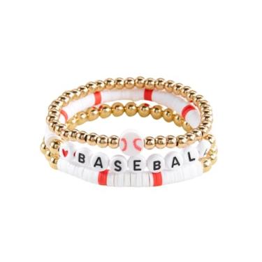 Imagem de Pingyongchang Pulseira elástica feminina de verão com 3 bolas esportivas de argila de polímero e contas de ouro fofas feitas à mão beisebol, basquete, futebol, vôlei, bola esportiva, Metal, Liga