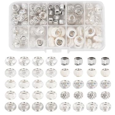 Imagem de Beadthoven 72 peças sortidas brancas grandes buracos contas europeias resina strass Rondelle espaçador contas cristal europeu artesanato contas a granel para fazer joias, faça você mesmo, canetas,