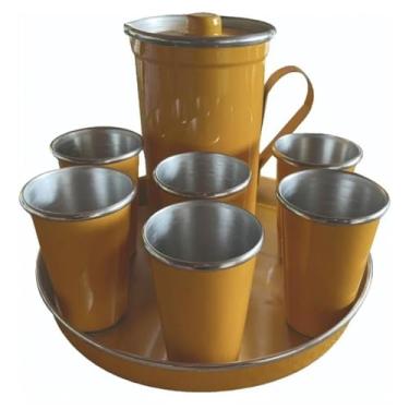 Imagem de Jogo de 6 Copos Com Jarra e Bandeja 8 Peças Kit Suco de Alumínio (Amarelo)