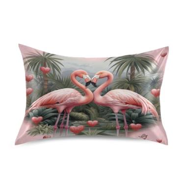 Imagem de ALAZA Capa de almofada para dormir, dois flamingos rosa coração na selva de palmeira protetores de travesseiro fronhas de cama para dormir quente, tamanho padrão, 50 x 66 cm