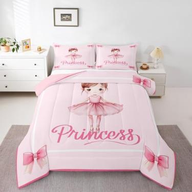 Imagem de Manfei Jogo de cama solteiro de princesa, linda bailarina para decoração de quarto de princesa, edredom com estampa de laço rosa, conjunto de colcha de poliéster macio, 1 fronha