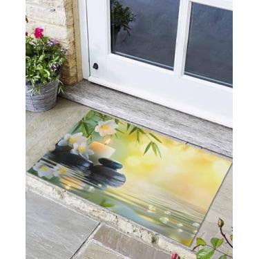 Imagem de Capacho frontal para entrada interna e externa, pedra de flor Zen Plumeria, antiderrapante, tapetes de entrada de varanda de perfil baixo, 61 cm x 91 cm, folha verde de água