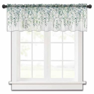 Imagem de Cortinas transparentes para janelas de cozinha, sanefas de janela com folhas de eucalipto verde sálvia, primavera verão folha transparente tratamento de janela sanefas para cozinha/quarto/banheiro