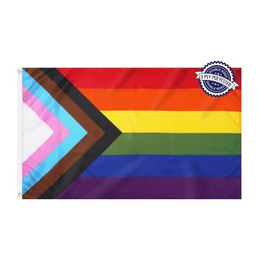 Imagem de Flagolden Bandeira Progress Pride 0,9 x 1,5 m, dupla face, progressiva, arco-íris, bandeiras para LGBTQ, gay, lésbica, bissexual, transgênero, cor viva, resistente, todos inclusos, faixa do orgulho