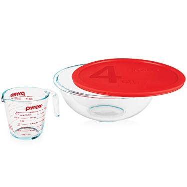 Imagem de Pyrex Smart Essentials Conjunto de preparação de vidro de 3 peças, tigela de mistura de vidro de 4 litros com tampa e copo medidor de 2 xícaras, seguro para lava-louças, micro-ondas e freezer, utensílios essenciais de cozinha