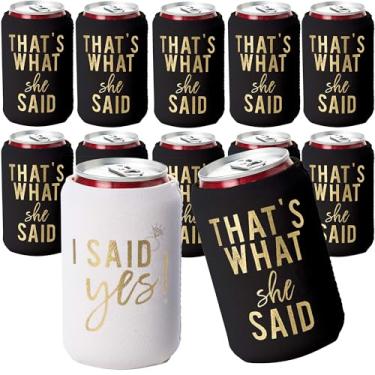 Imagem de I Said Yes and That What She Said Bachelorette Party Can Coolers, conjunto de 12 latas de cerveja Coolies, perfeito para decoração de festa de despedida de solteira e presentes de dama de honra, Preto