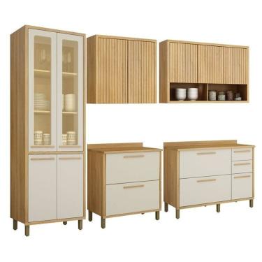 Imagem de Conjunto Cozinha Completa Armário Paneleiro 4 Portas Com Vidro 2 Armários Aéreo E 2 Balcões Torino Cinamomo-off