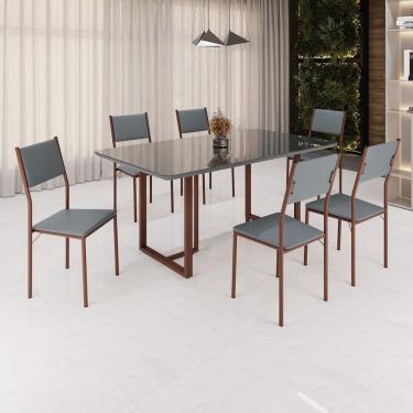 Imagem de Conjunto Sala De Jantar Mesa 160x90cm Base Lunna Tampo Mdf Laca Com Vidro Florença Grafite Marrom