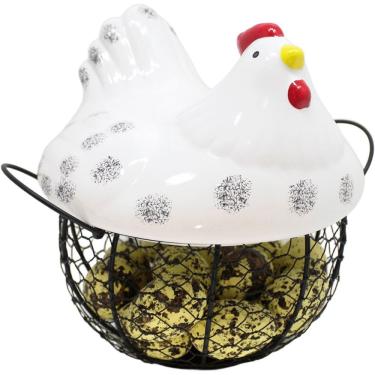 Imagem de Cesto Galinha Porta Ovos Decorativo Cerâmica 18 Ovos Amarelo