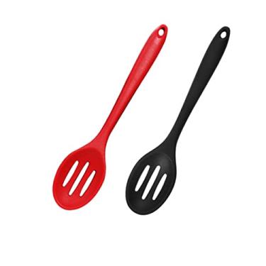Imagem de Honkenda Pacote Com 2 Colheres Antiaderentes De Silicone Fenda, Conjunto Cozimento E Conchas Resistentes Ao Calor Para Mexer, Misturar, Servir Escorrer (Vermelho Preto)