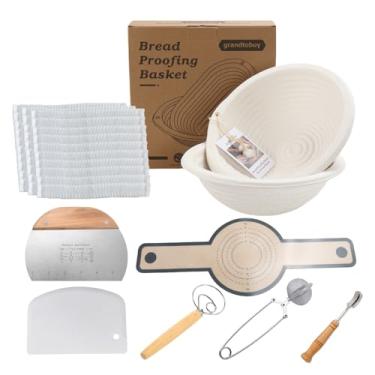 Imagem de grandtobuy Conjunto De 2 Cestas Para Fermentação Pão Pulp Banneton, Redondas 10 Polegadas, Fermento Natural, Tapete Silicone - 30 Peças, Forros Descartáveis Não Tecidos, Peneira Farinha, Batedor Mas