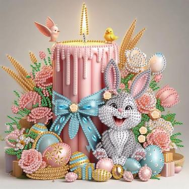 Imagem de TDFERAN Kits de pintura de diamante de coelho da Páscoa 76 x 76 cm 5D Bunny Diamond Art Kits para iniciantes, pintura de ovos coloridos, vela rosa, tamanho pequeno, pintura de parede para casa