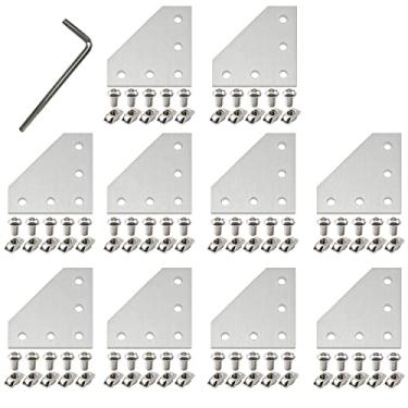 Imagem de Baykailin 10Pcs 2020 Placa de Junção de Suporte de Canto Em Forma de L Conector de Extrusão de Alumínio de 5 Furos com 50Pcs Porcas T, 50Pcs Parafusos e 1Pcs Chave para Perfil de E20 Mm X 20 Mm,Prata
