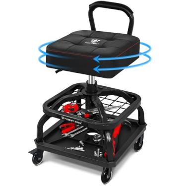 Imagem de FREEKYROCK Banco com rodas, cadeira de oficina mecânica de garagem com encosto de alça, banco de trabalho de altura ajustável, assento de rolo com armazenamento de bandeja de ferramentas, resistente