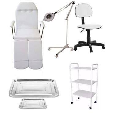 Imagem de Kit Cadeira De Podologia Branco Carrinho Exaustor Com Tripé Mocho E Ba