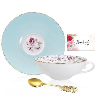 Imagem de Conjunto de xícaras de chá e pires, porcelana óssea, 170 g, xícara de café de porcelana, xícara de cappuccino, padrão floral vintage, com acabamento dourado, cerâmica antiga, para bebida expresso