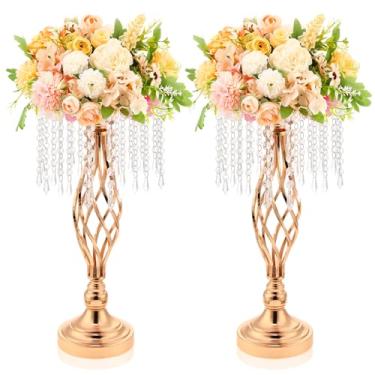 Imagem de Wesiti 2 peças de suporte de flores de cristal dourado elegante de metal com cristais de lustre vaso dourado de 45 cm de altura para centros de mesa, recepção de casamento, lembrancinha de hotel