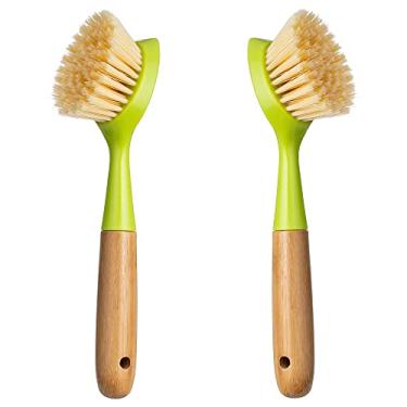 Imagem de Pacote com 2 escovas de cozinha com cabo de bambu, raspador embutido, escova de esfregar para panelas, panelas, limpeza de pia de cozinha, lavar louça e escovas de limpeza são ferramentas de limpeza